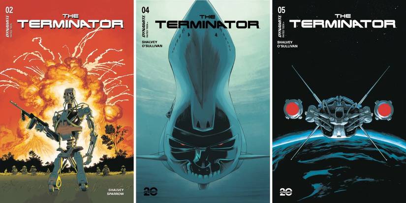 Terminator comic book covers featuring the T-800 in the Vietnam War, in a submarine, and in space.