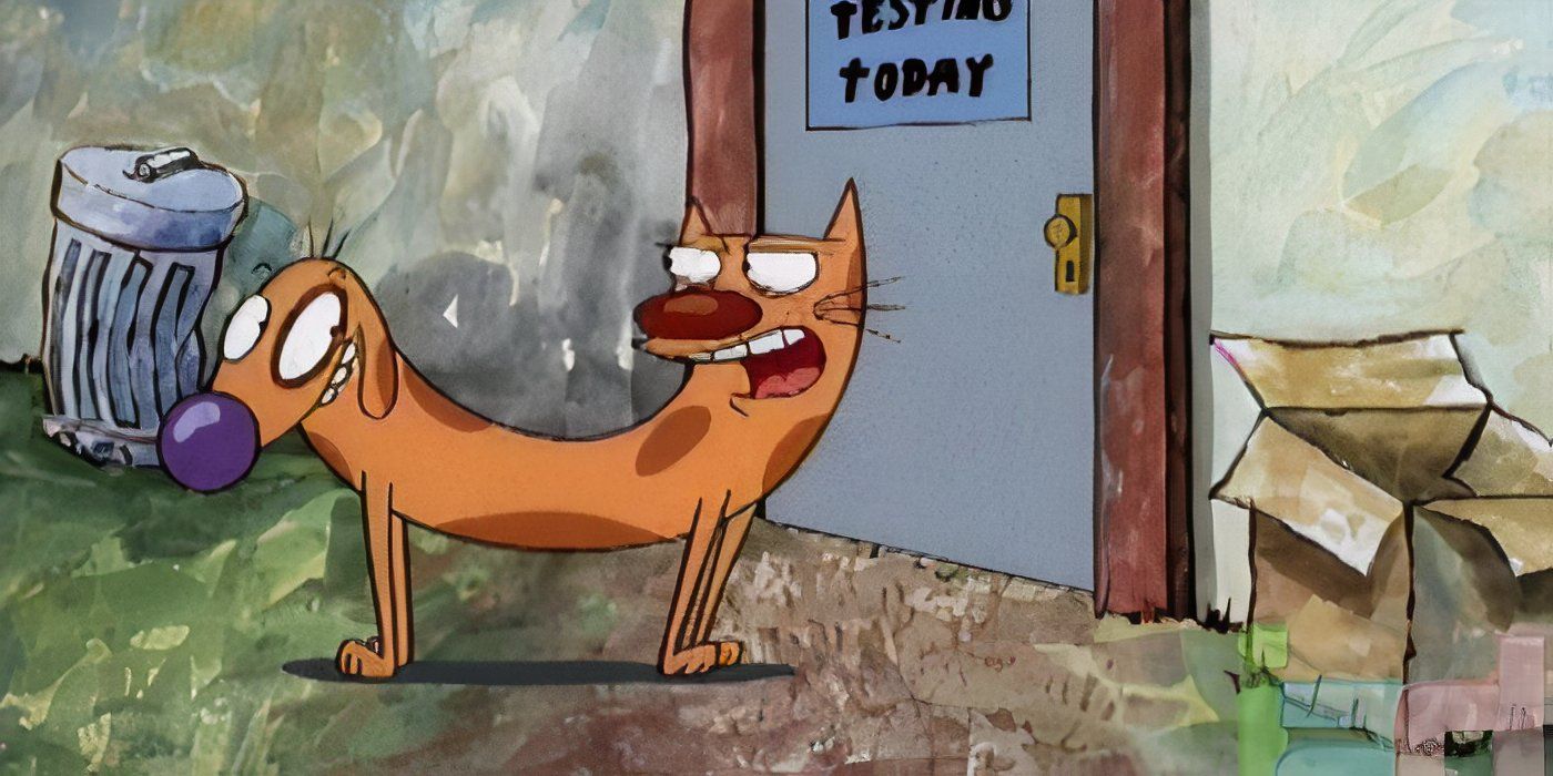 Kucing dan Anjing berdebat di depan pintu dengan tanda bertuliskan "Tes makanan kucing hari ini" di CatDog Nickelodeon