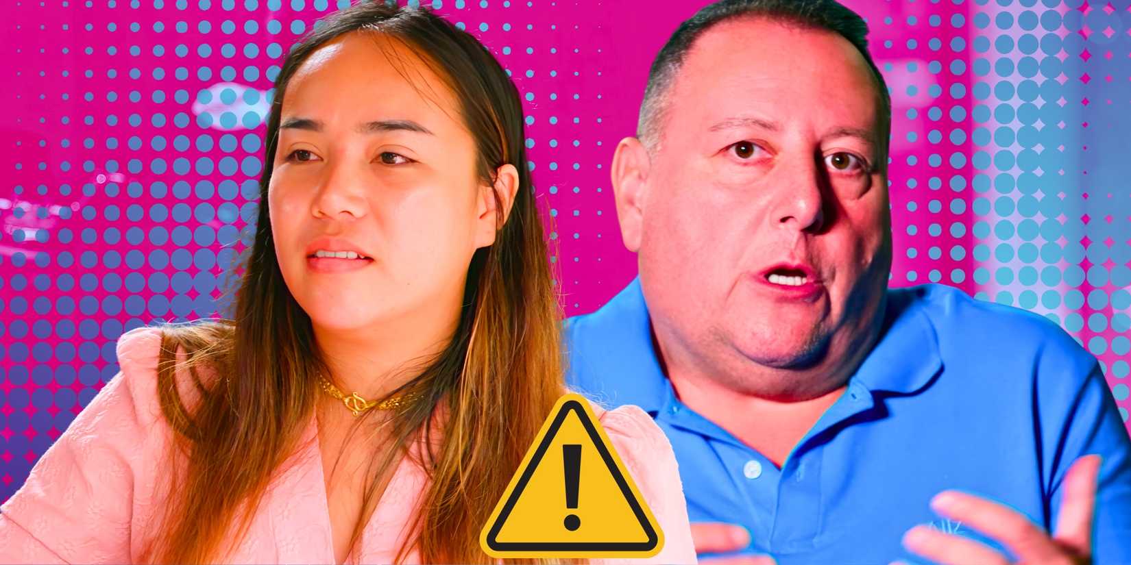 90 Day Fiancé’s Annie Suwan & David Toborowsky look serious with a yellow triangular sign with an exclamation point.