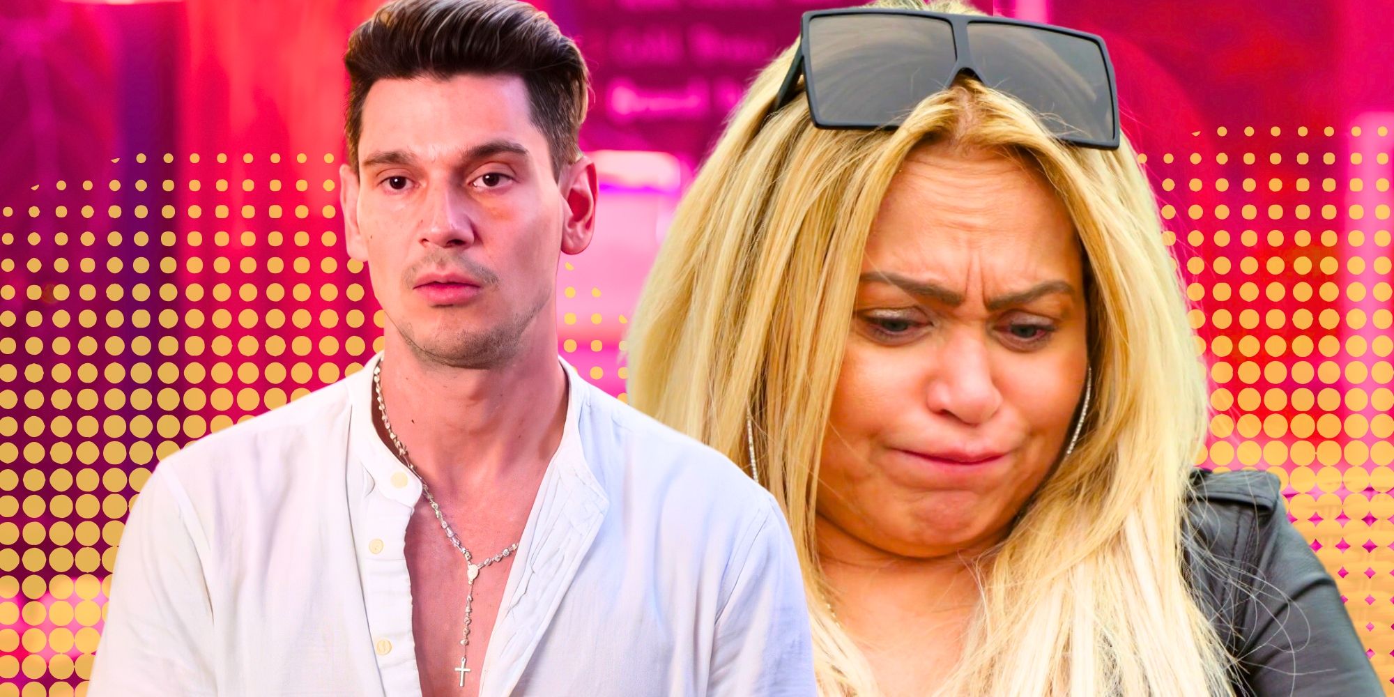 90 Day Fiancé’s Darcey Silva looks down in frustration and Georgi Rusev has a poker face.