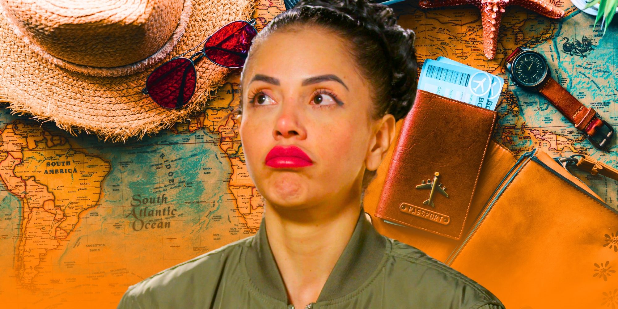 90 Day Fiancé’s Jasmine Pineda looks bored in front of a map, hat, sunglasses, watch and passport