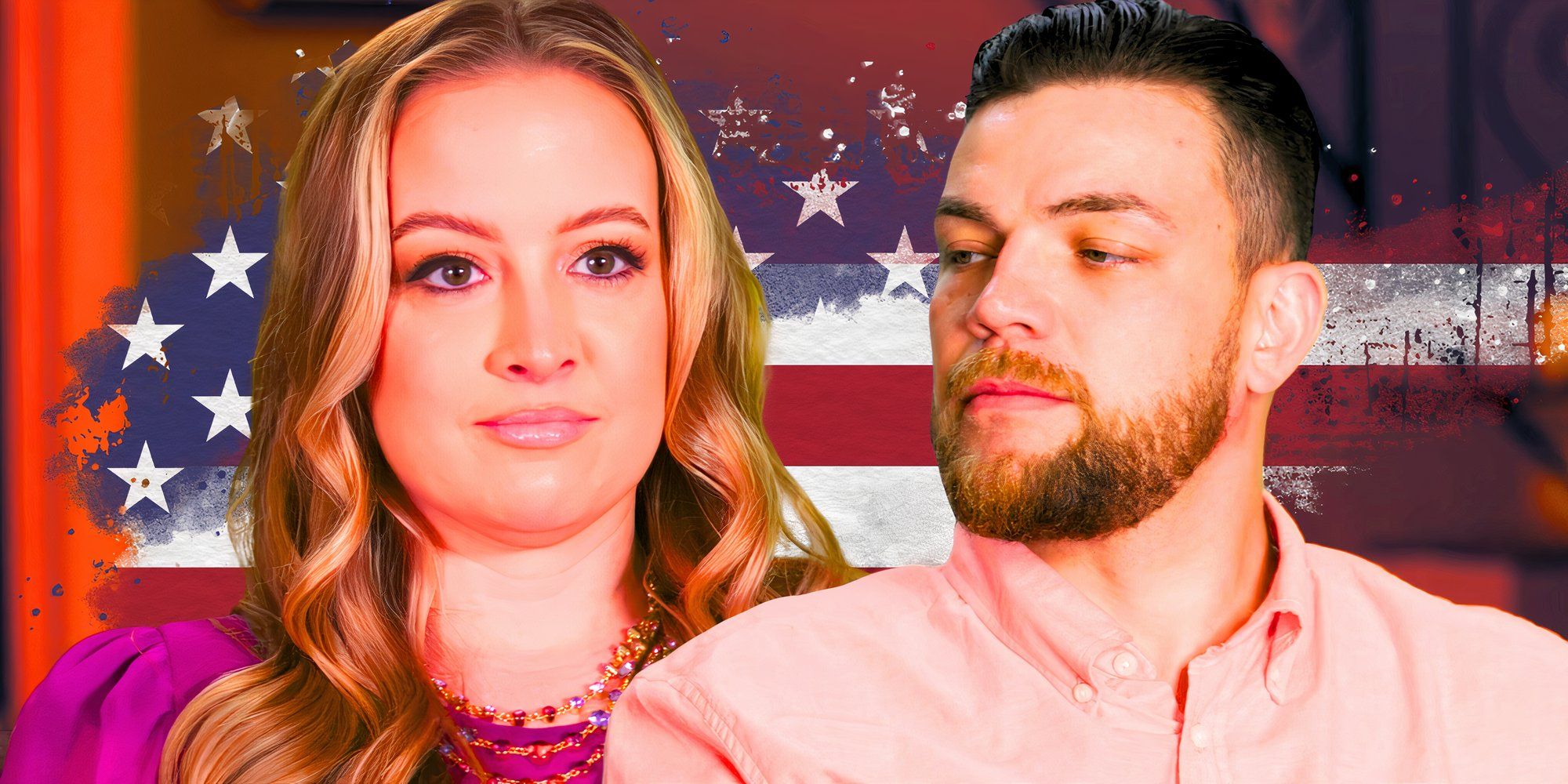 90 Day Fiancé montage of Andrei and Libby, with an American flag background