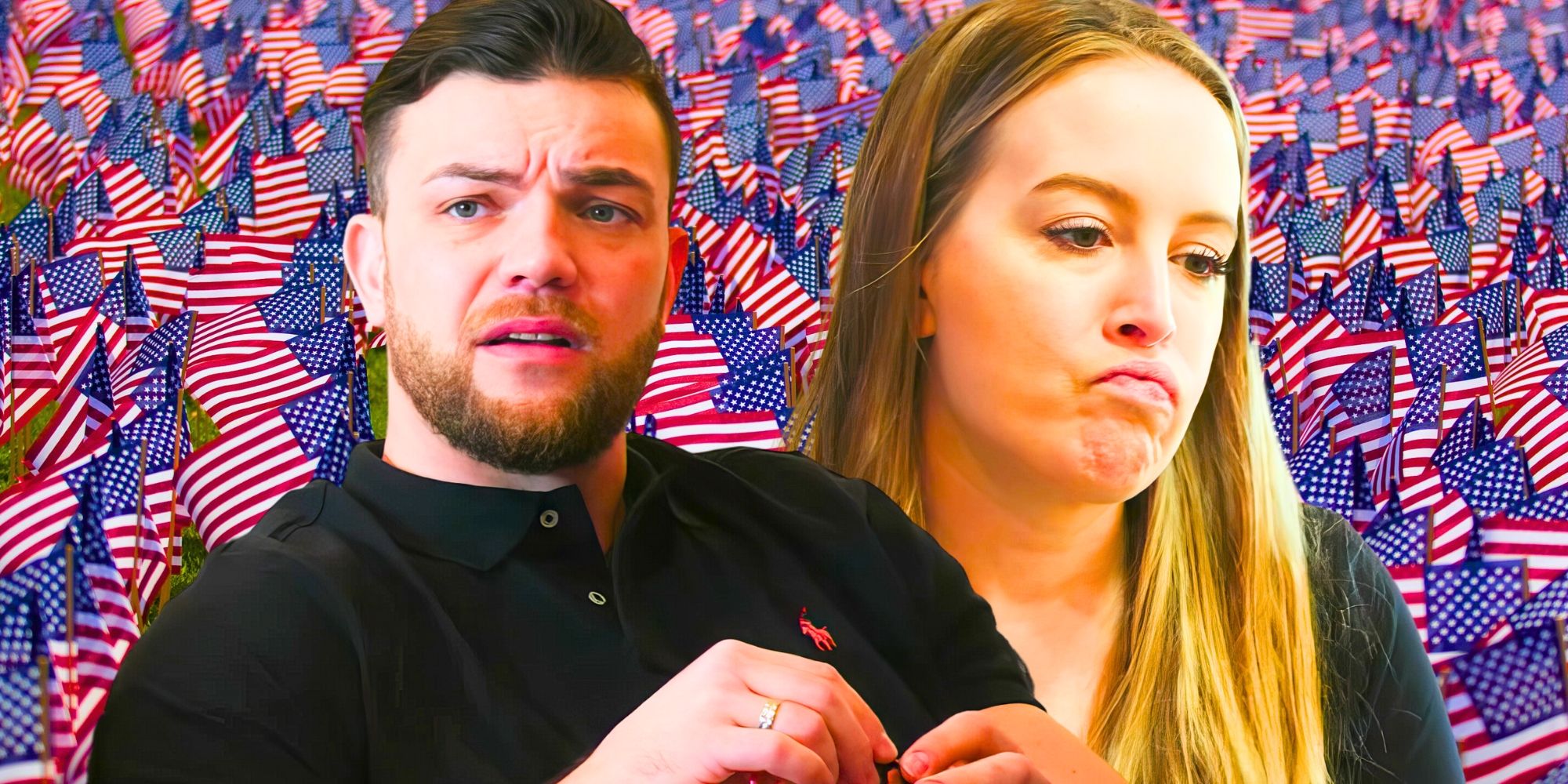 90 Day Fiance Andrei Castravet & Elizabeth Potthast in side by side images looking upset with American flag background