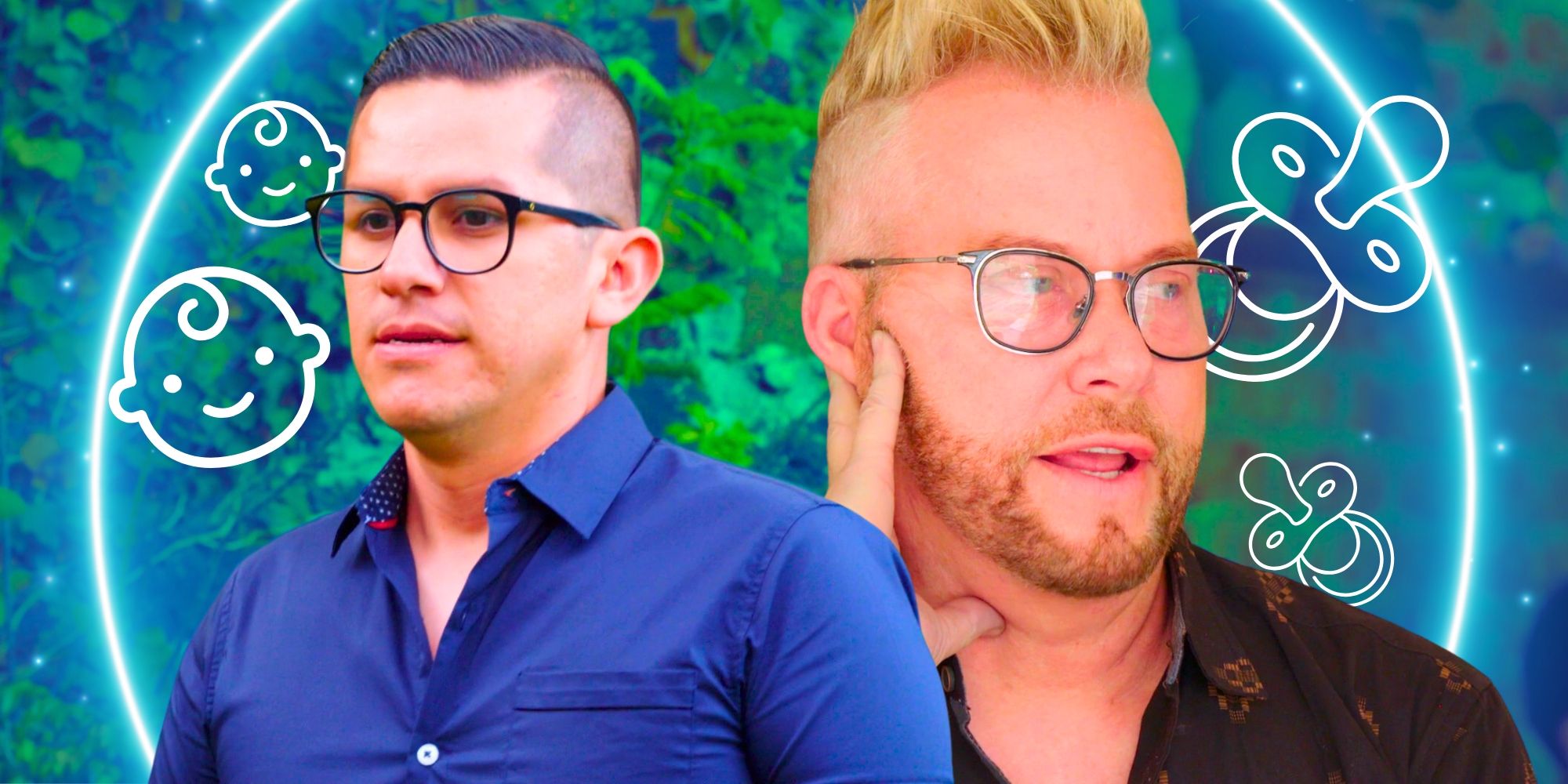 90 Day Fiance Kenny Niedermeier e Armando Rubio em imagens lado a lado com fundo de bebê