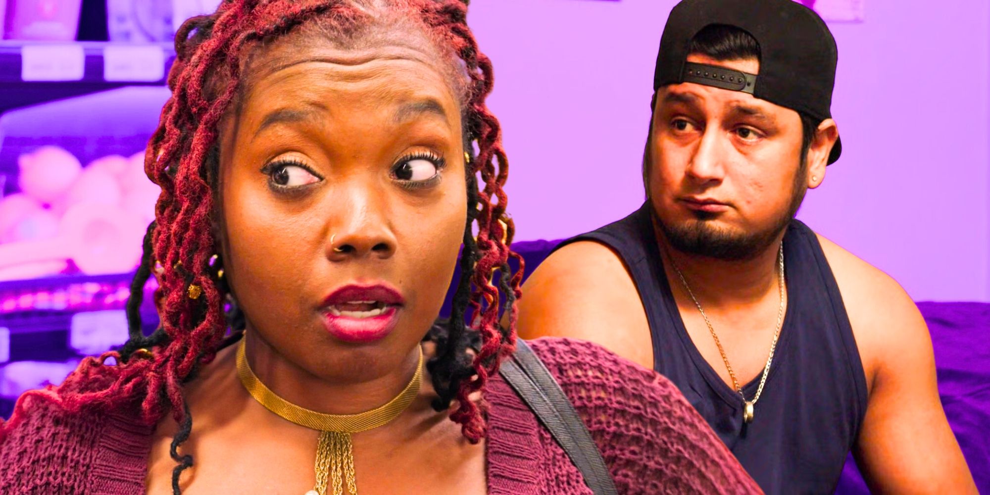 90 Day Fiance’s Ashley Michelle looks surprised and Manuel Velez is serious.