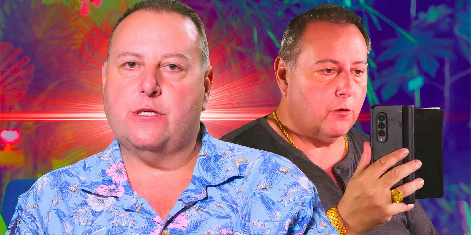 90 day fiance star david torborowsky in two serious poses and holding phone with multicolored background