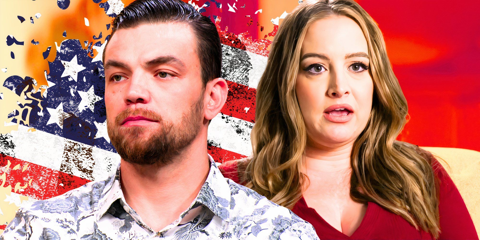 90 day fiance stars Andrei Castravet and Libby Potthast looking upset in montage with USA background