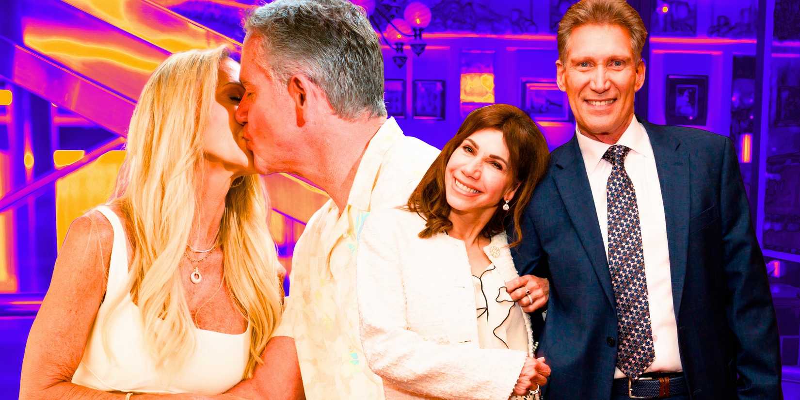 the golden bachelorette's chock chapple and joan vassos in montage with theresa nist and gerry turner with purple background