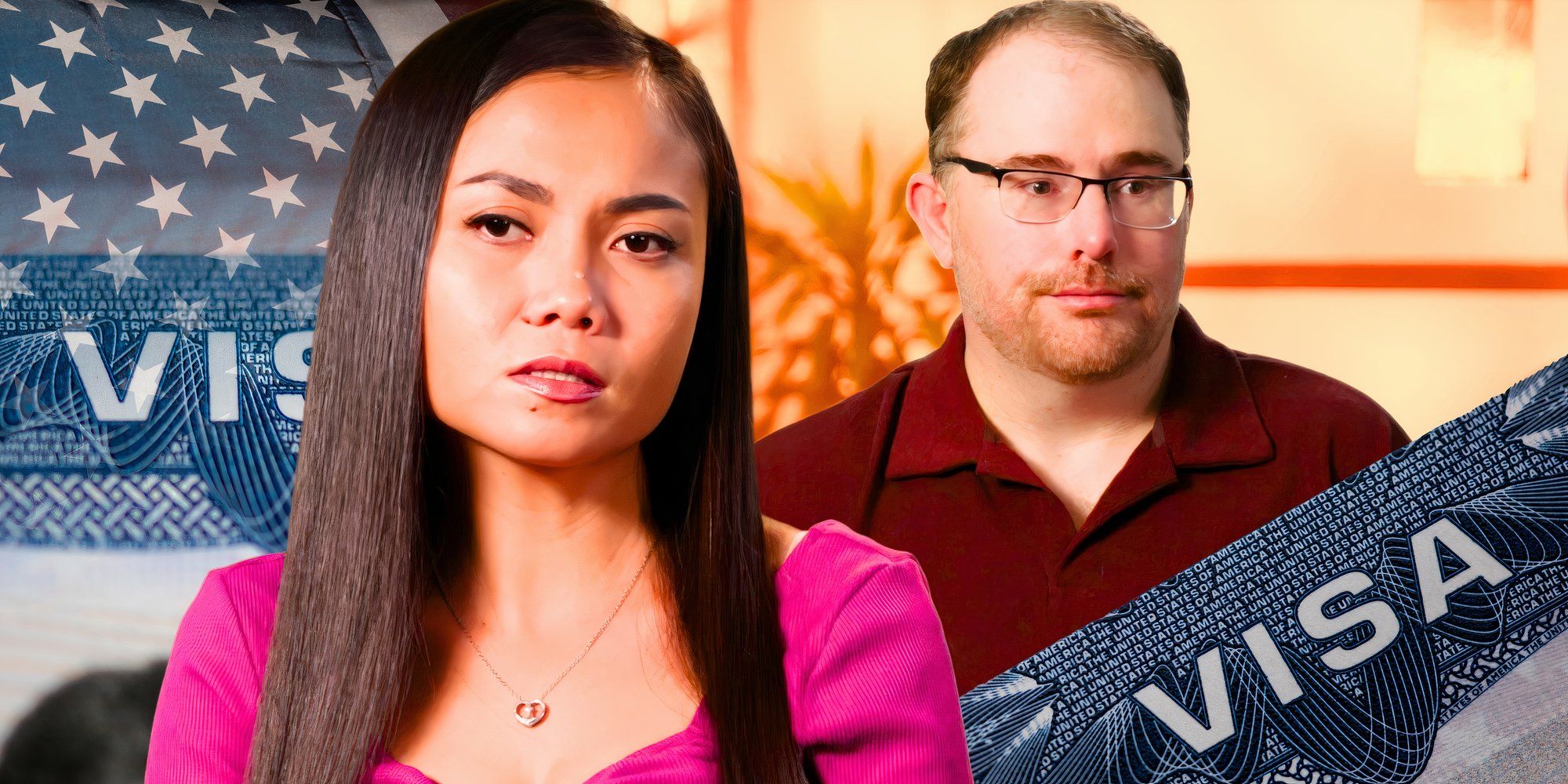 90 Day Fiance stars David Dangerfield and Sheila Mangubat looking sad in montage with visa background