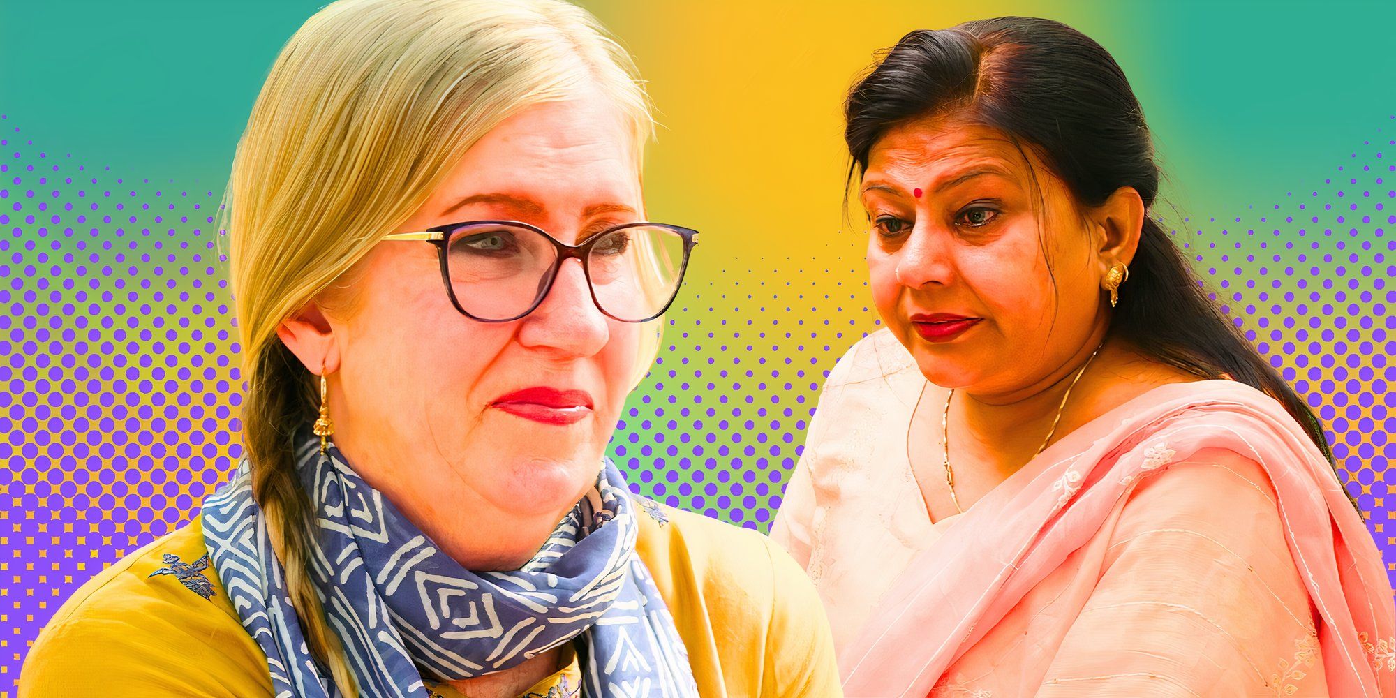 90 day fiance stars jenny slatten and sadhna singh in montage with both looks a bit upset and dot background
