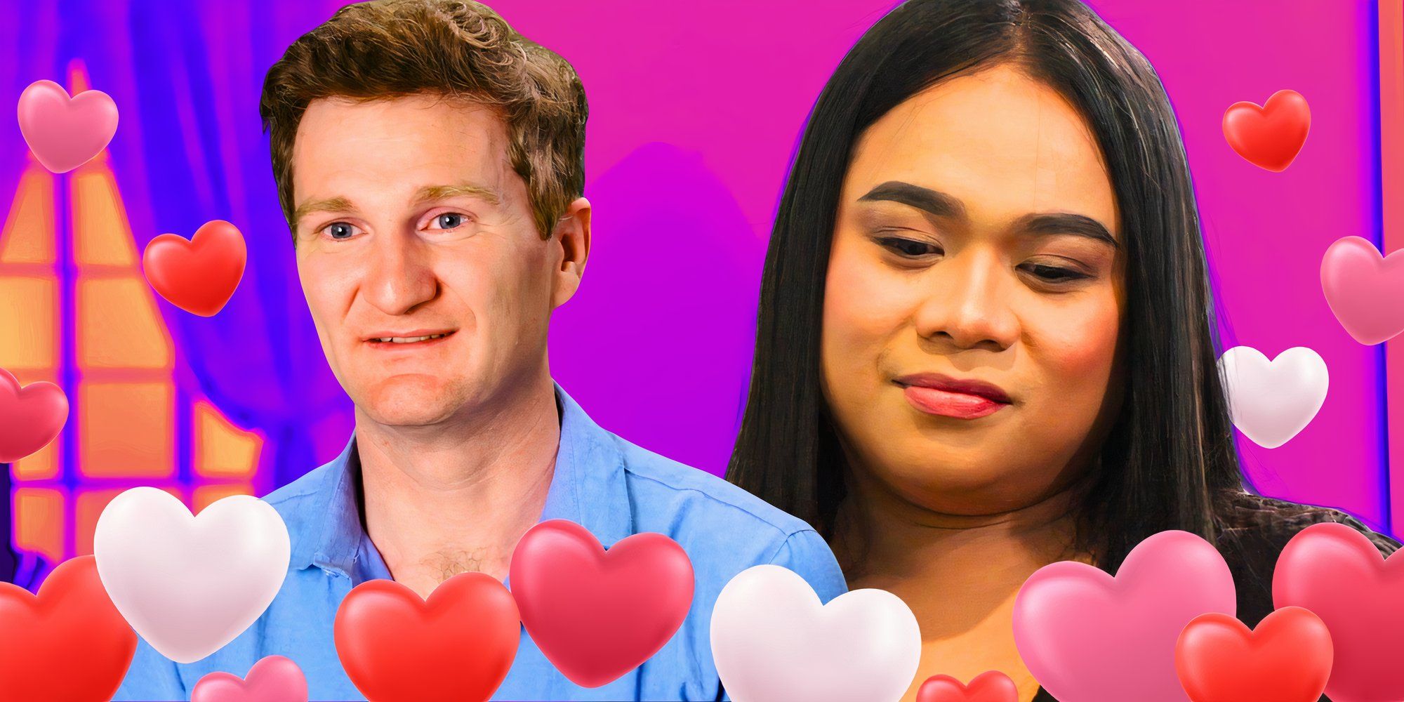 90 Day Fiance stars Loren Allen and Faith Tudoc in a montage with  both smiling and heart motifs