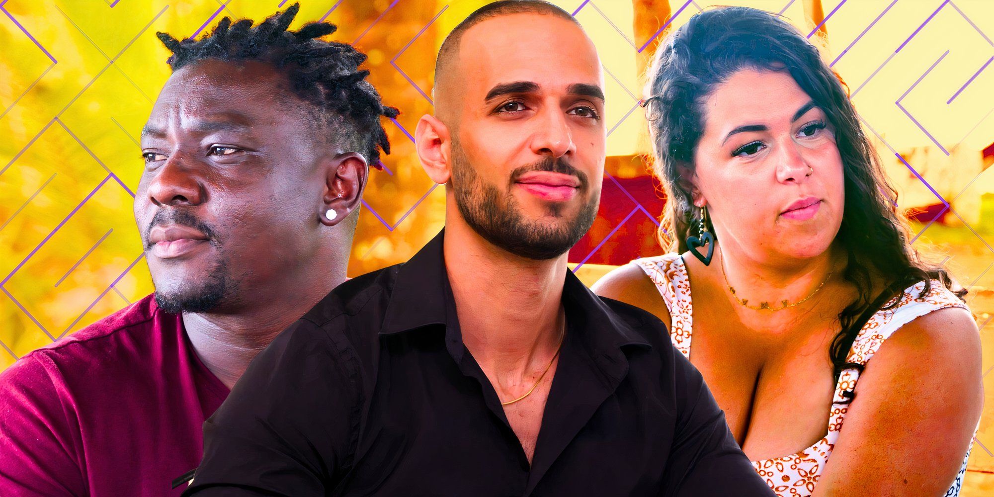 90 day fiance stars Razvan Ciocoi, Kobe Blaise and Emily Bieberly in intense montage with yellow background