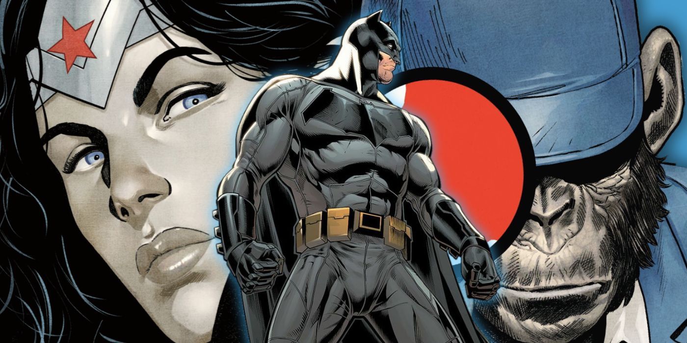 Wonder Woman and Detective Chimp from Daniel Sampere and Tomeu Morey’s Wonder Woman #16 cover with Batman overlayed