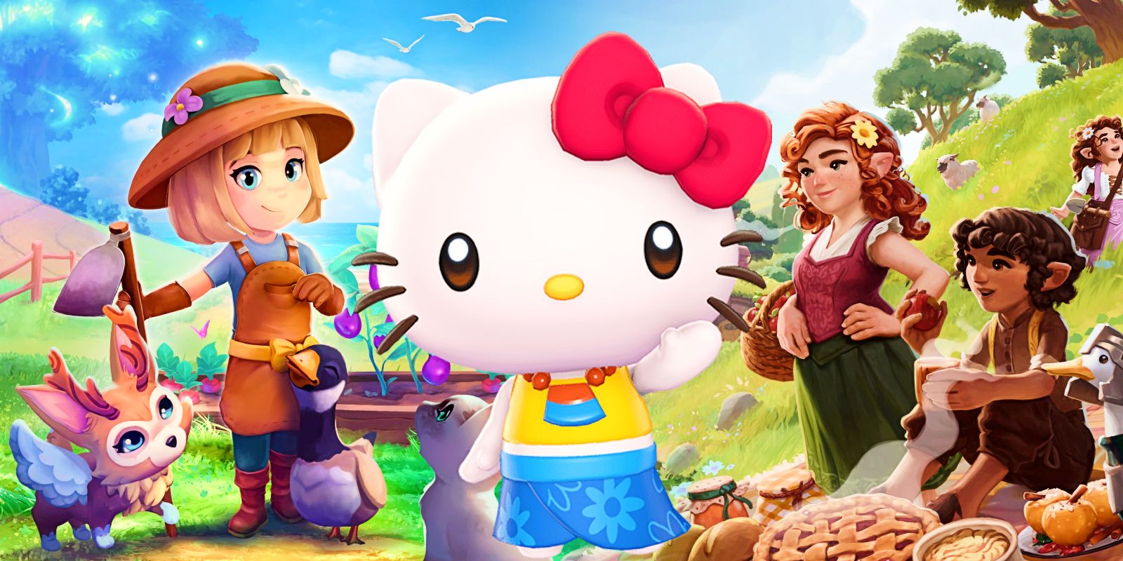 A collage of characters from Sugardew Island, Tales of the Shire, and Hello Kitty Island adventure, three major cozy games coming out in 2025.