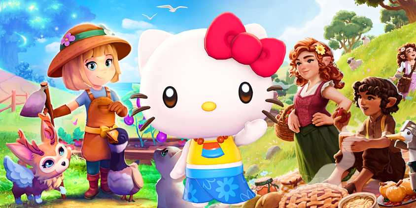 A collage of characters from Sugardew Island, Tales of the Shire, and Hello Kitty Island adventure, three major cozy games coming out in 2025.