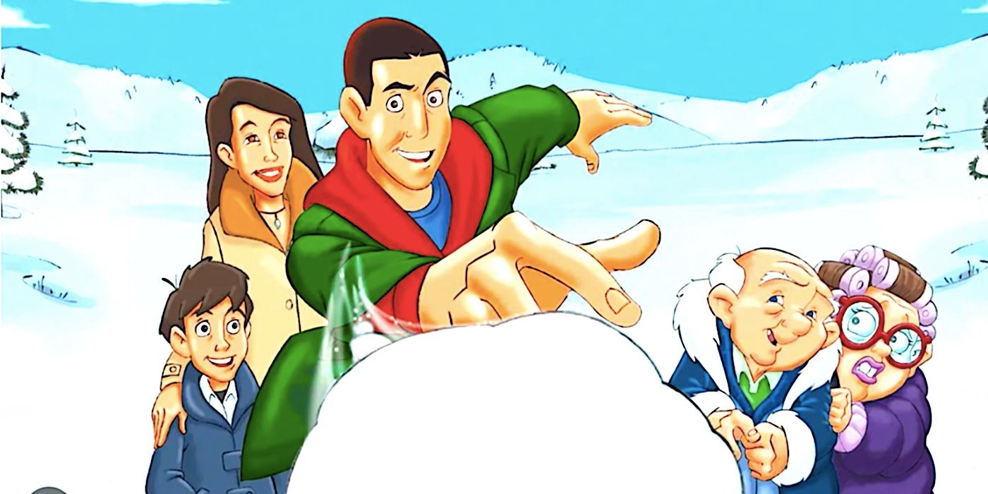 A cropped poster for Eight Crazy Nights featuring Davey throwing a snowball as Whitey smiles