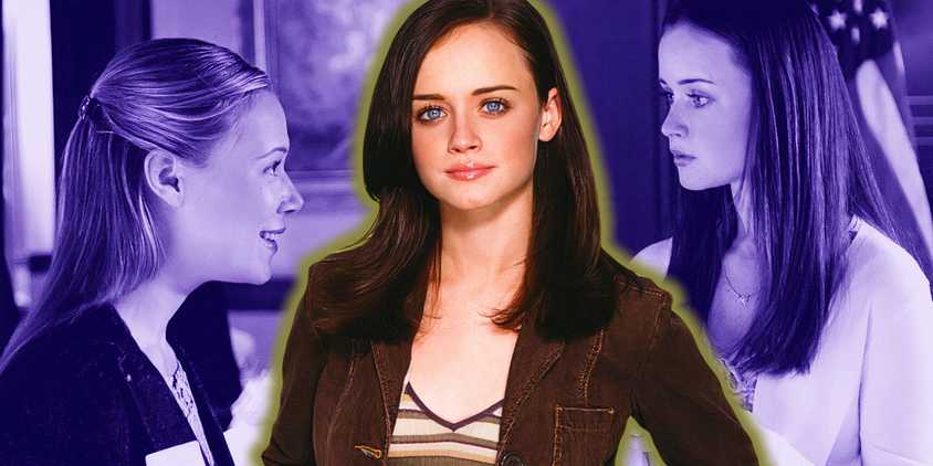 A cutout of Rory Gilmore is in front of an image of Rory and Paris in Gilmore Girls