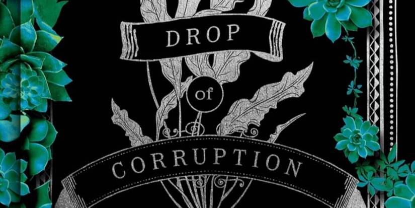 A Drop of Corruption cover featuring the title in silver, silver leaves, and green leaves around the border