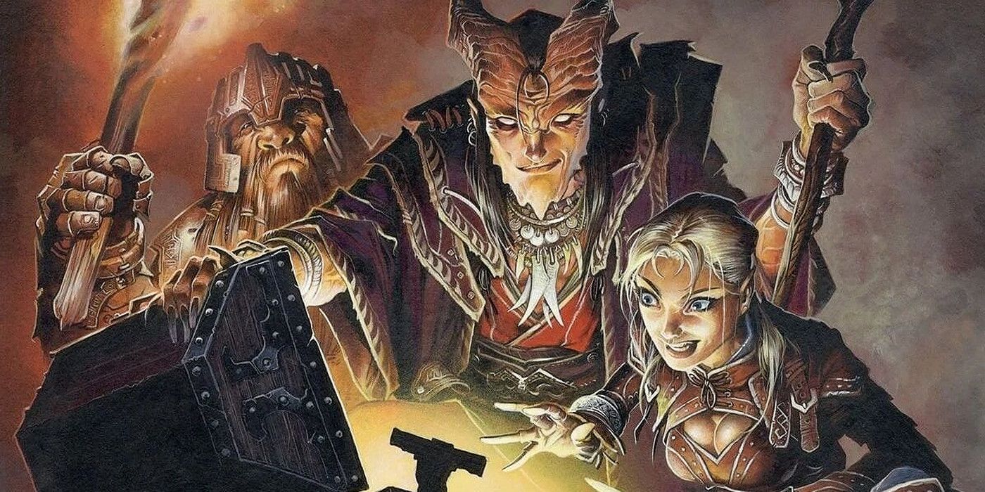 A group of D&D characters opening a treasure chest in official art from the game.