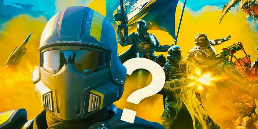 A close up of a Helldiver from Helldivers 2, with more in the background, and question mark.