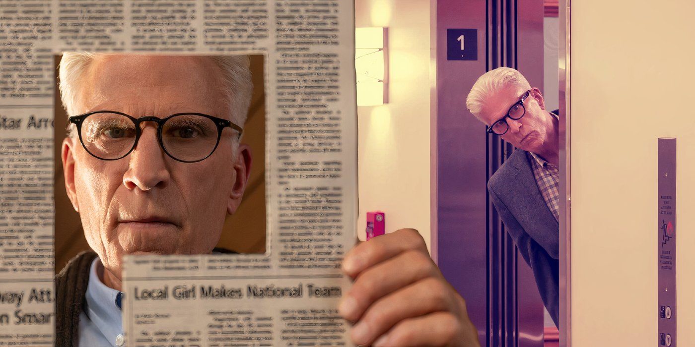 A composite image of Charles looking through a newspaper in front of Charles poking out from an elevator in A Man on the Inside