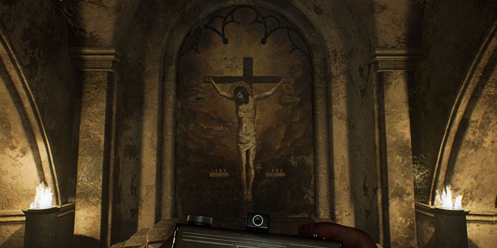 A mural of Jesus on the cross (the Holy Wounds mural) in Indiana Jones and the Great Circle.