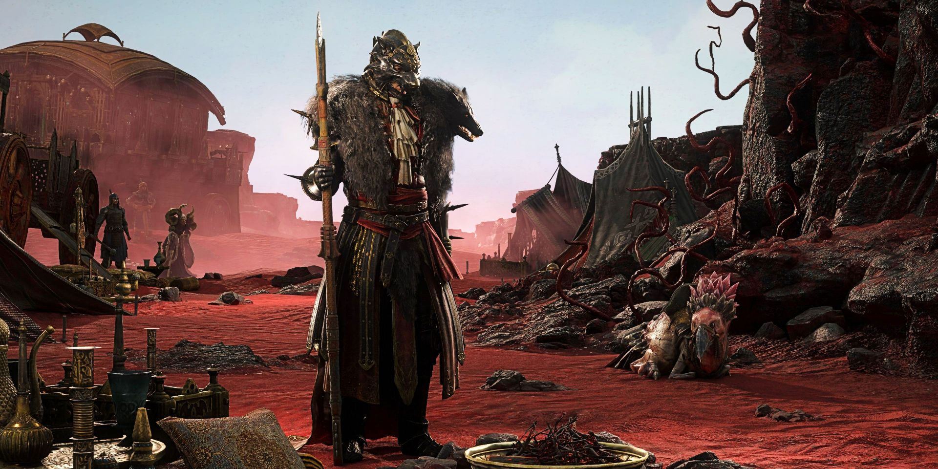 A character from Path of Exile 2 stands in a red desert, holding a staff in one hand.