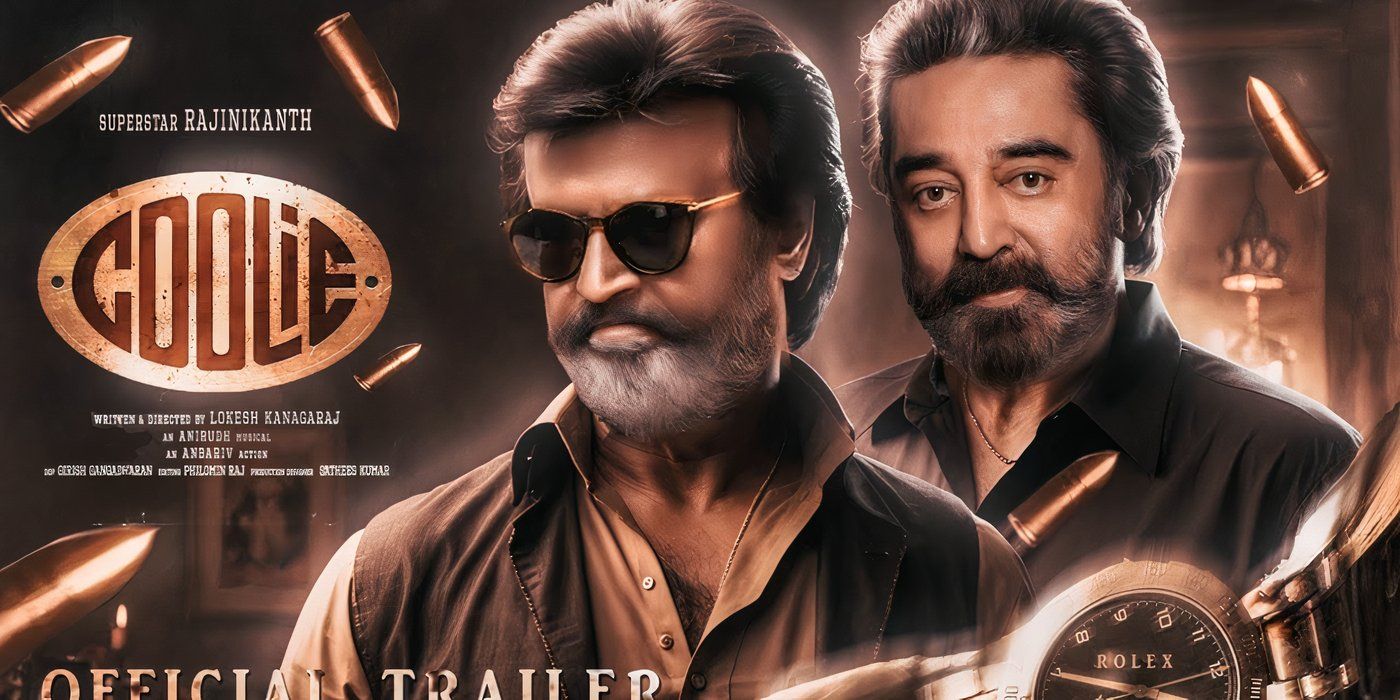 Póster del tráiler oficial de Coolie con Rajinikanth y otro hombre.