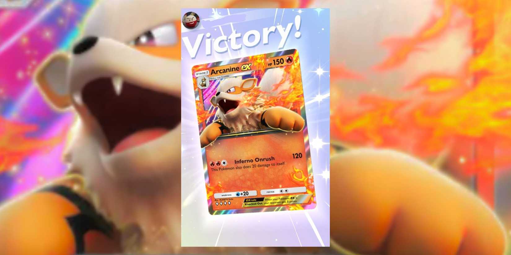 A victory screen with Arcanine ex from Pokemon TCG Pocket