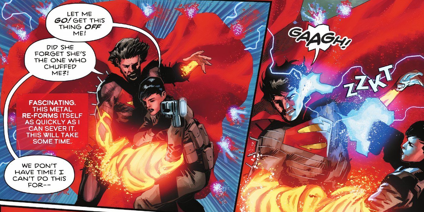 Absolute Superman 2 Sol uses sunstone energy to dissolve the cuffs while Lois Lane tries to break free from Superman&rsquo;s sunstone dust cape
