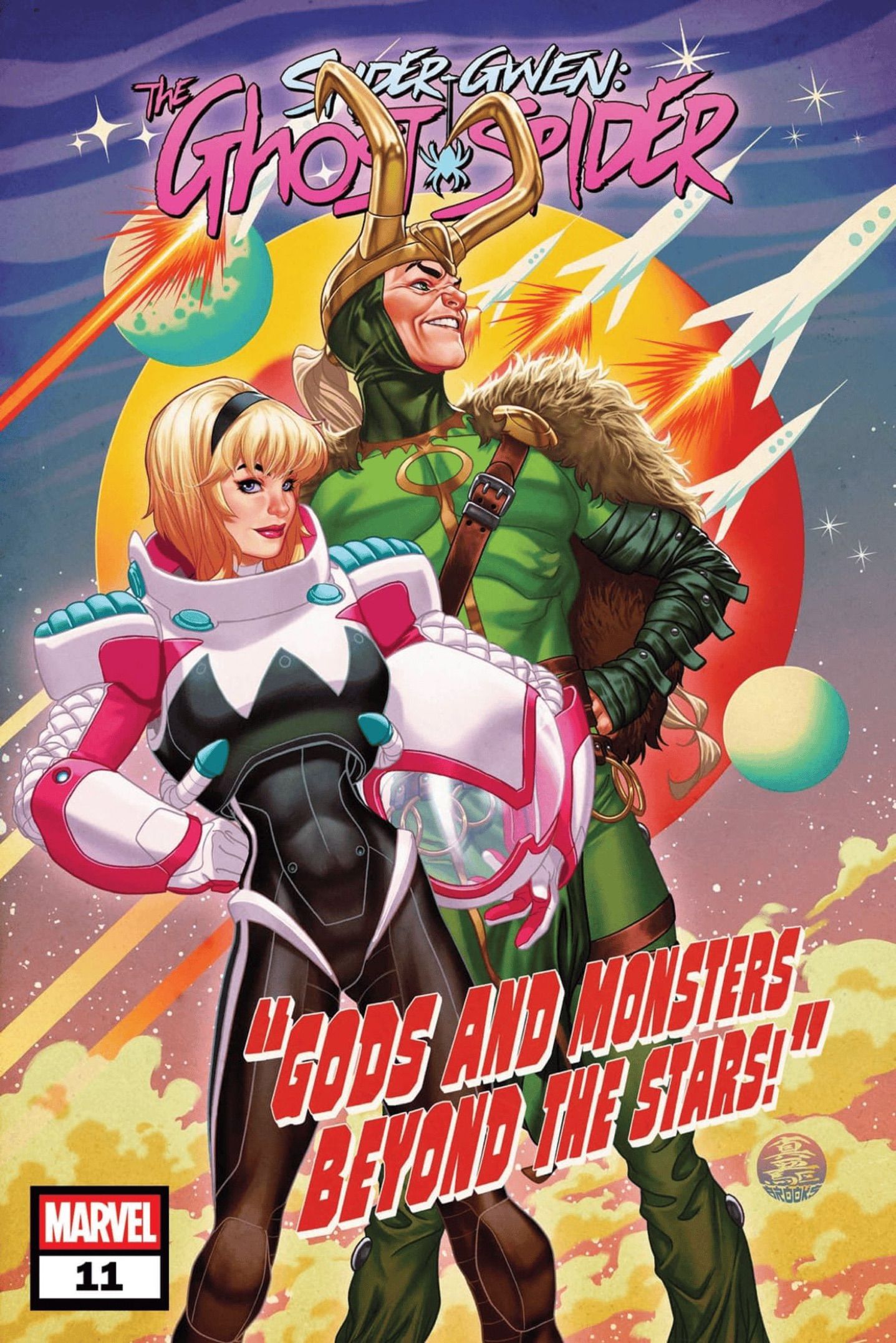 Spider-Gwen: The Ghost Spider #11 Cover by Mark Brooks - Gwen and Loki in retro space art