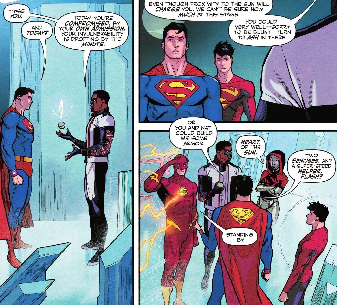 Action Comics 1078 Mister Terrific says that without his powers Superman will burn if he flies to the sun, so he and Steel will build him a suit-1