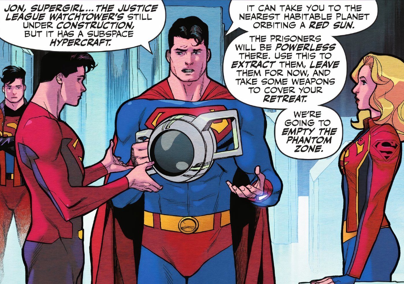 Action Comics 1078 Superman instructs Supergirl and Jon Kent to release the Phantom Zone prisoners on a planet with a red sun so they're powerless