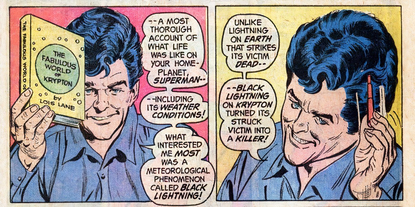 Action Comics 441 Weather Wizard learns from a book by Lois Lane that Krypton&rsquo;s black lightning can turn Superman into a killer