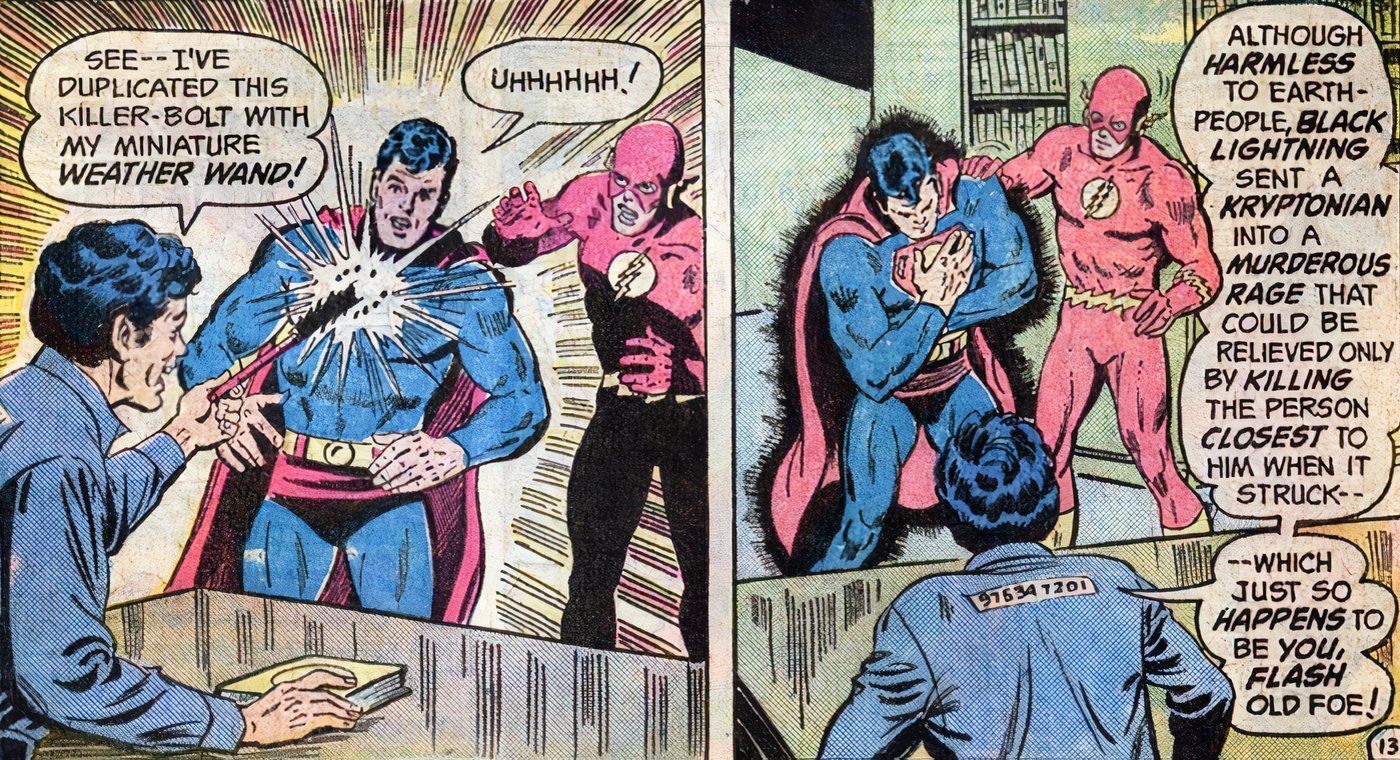 Action Comics 441 Weather Wizard uses his Weather Wand to replicate Krypton&rsquo;s black lightning and strike Superman with it