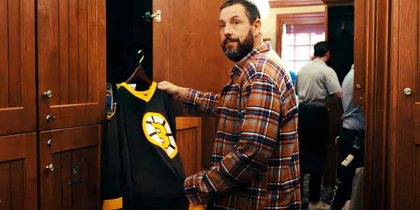Adam Sandler holding his hockey jersey in Happy Gilmore 2 trailer