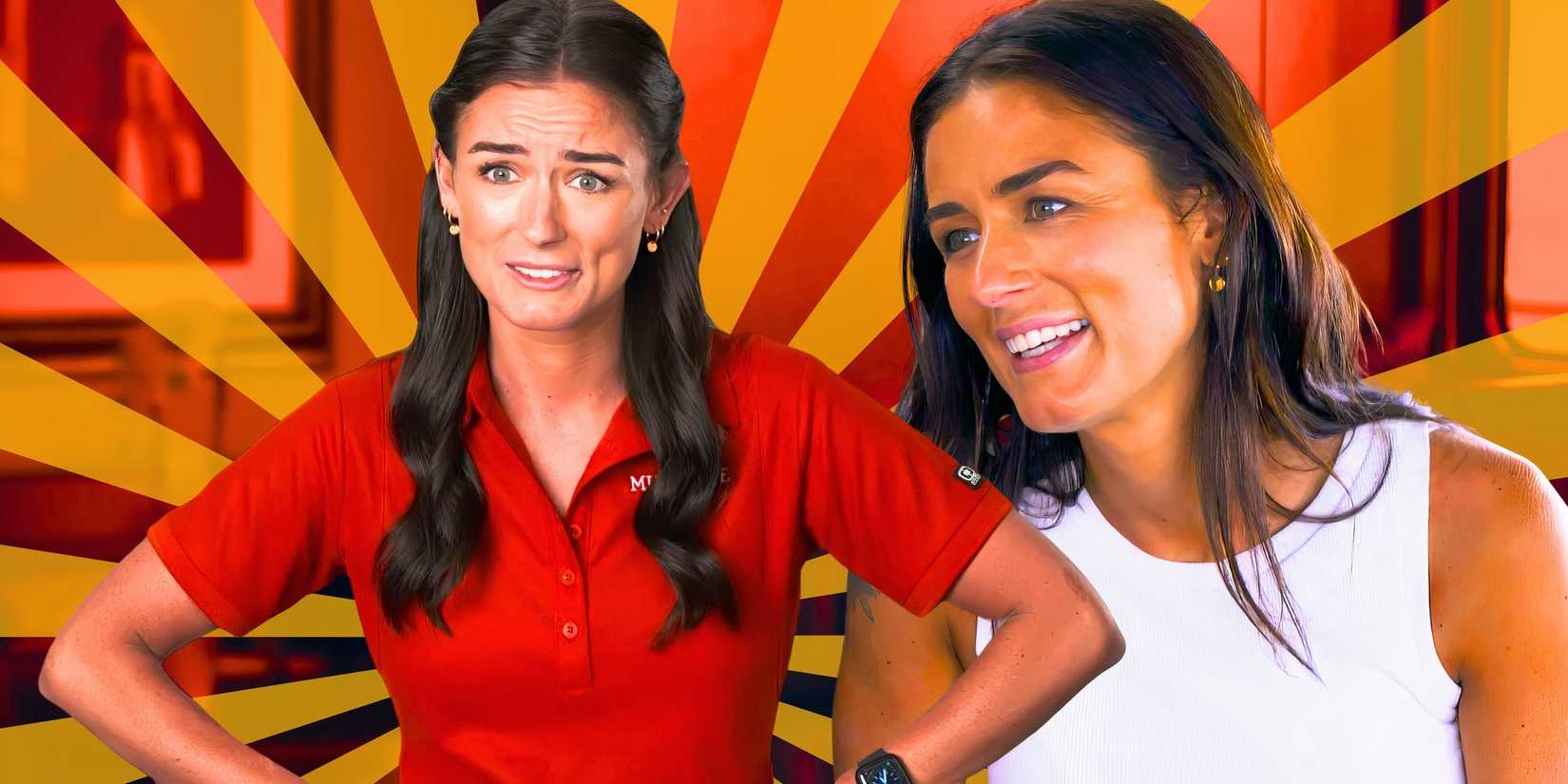 Aesha Scott from Below Deck Down Under Season 3 in happy montage with two poses with red and yellow stripes