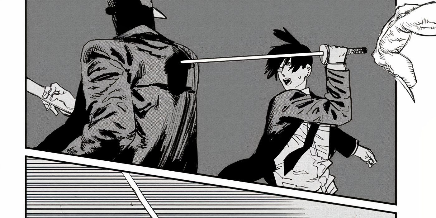 Aki using the curse sword against Katana Man in Chainsaw Man.