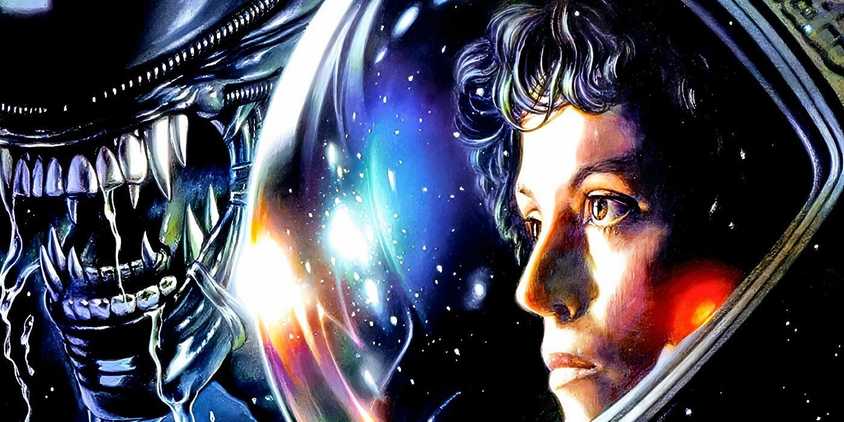 Alien's Ripley wearing a spacesuit helmet with a Xenomorph behind her.