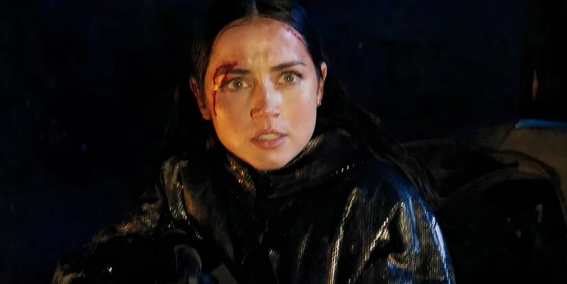 A closeup of Ana de Armas in the Ballerina flamethrower scene
