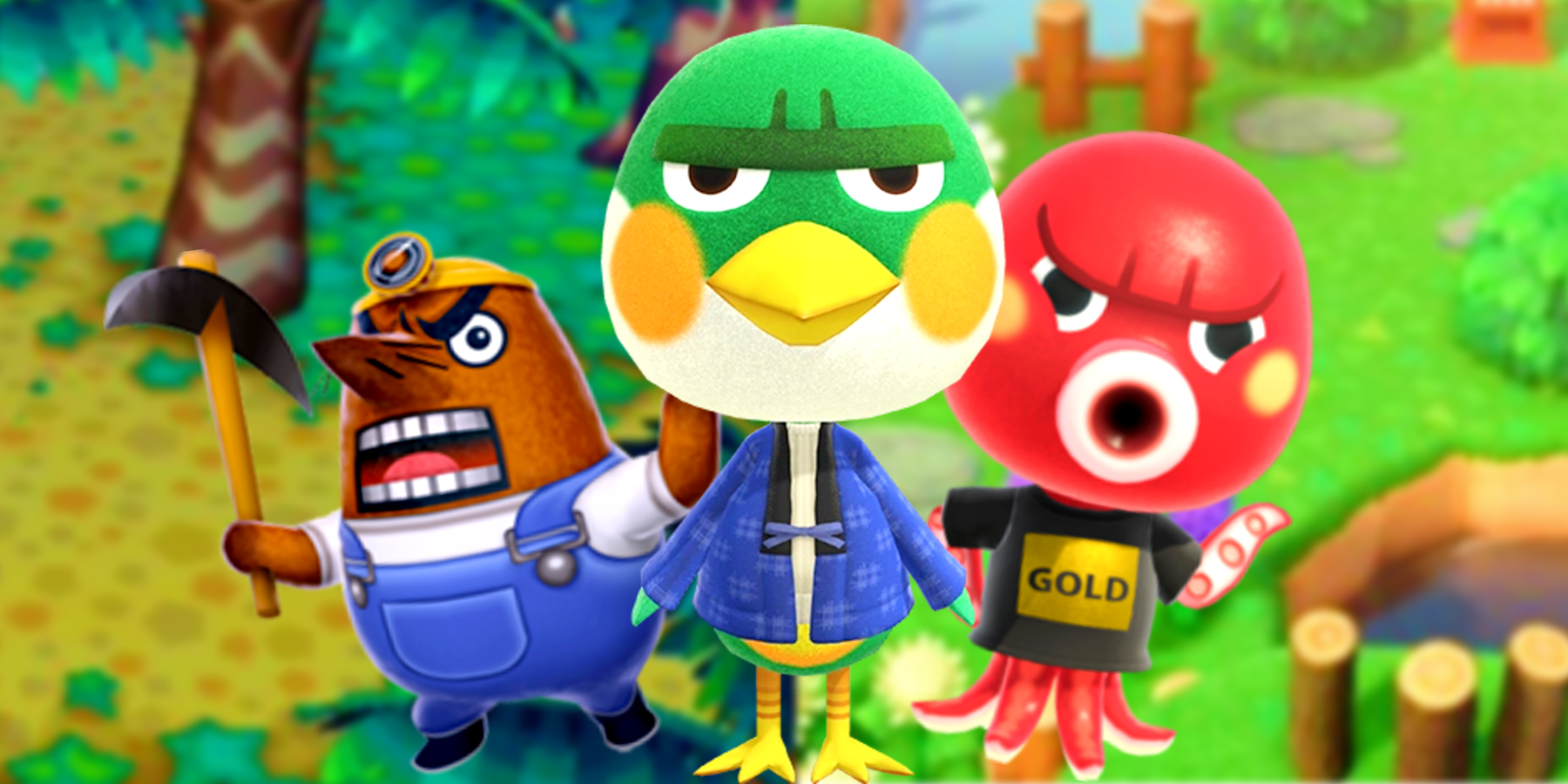 Animal Crossing Angry villagers and resetti standing over one side lush grass and another of deteriorated grass