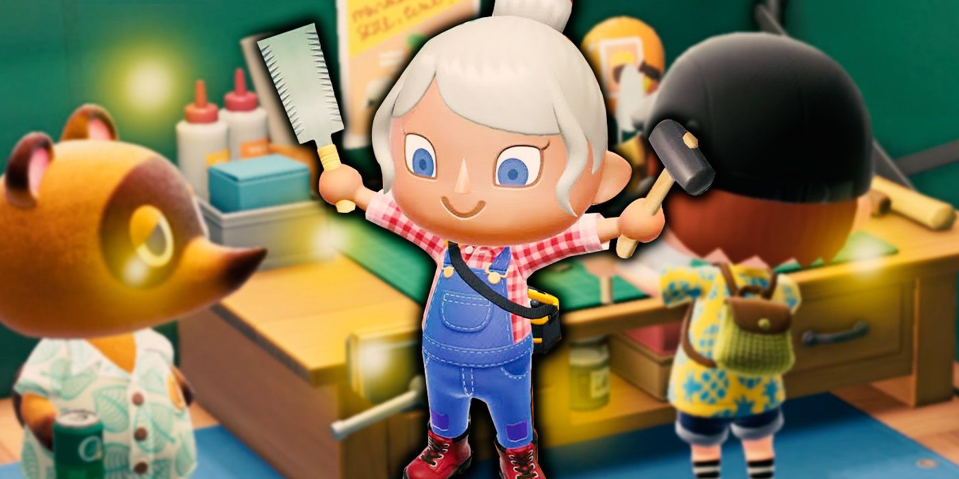 An Animal Crossing character holding up some tools with Tom Nook and other villagers in the background around a workbench.