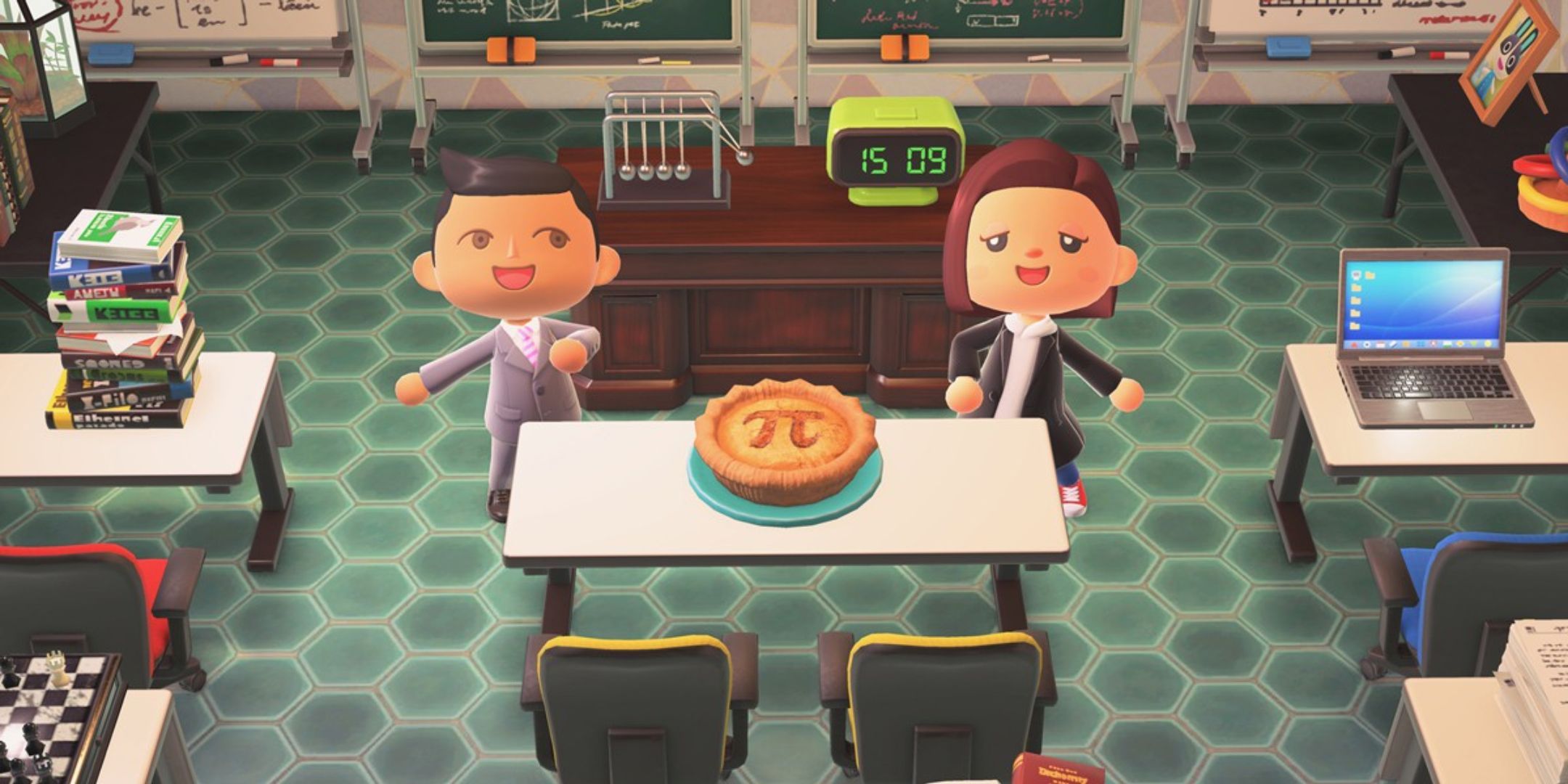 Animal Crossing New Horizons Pi Pie with 2 characters next to it.