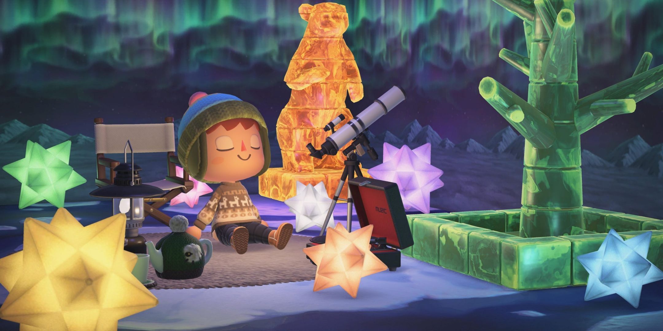 Animal Crossing New Horizons player in a winter indoor scene with a winter solstice seasonal sweater.