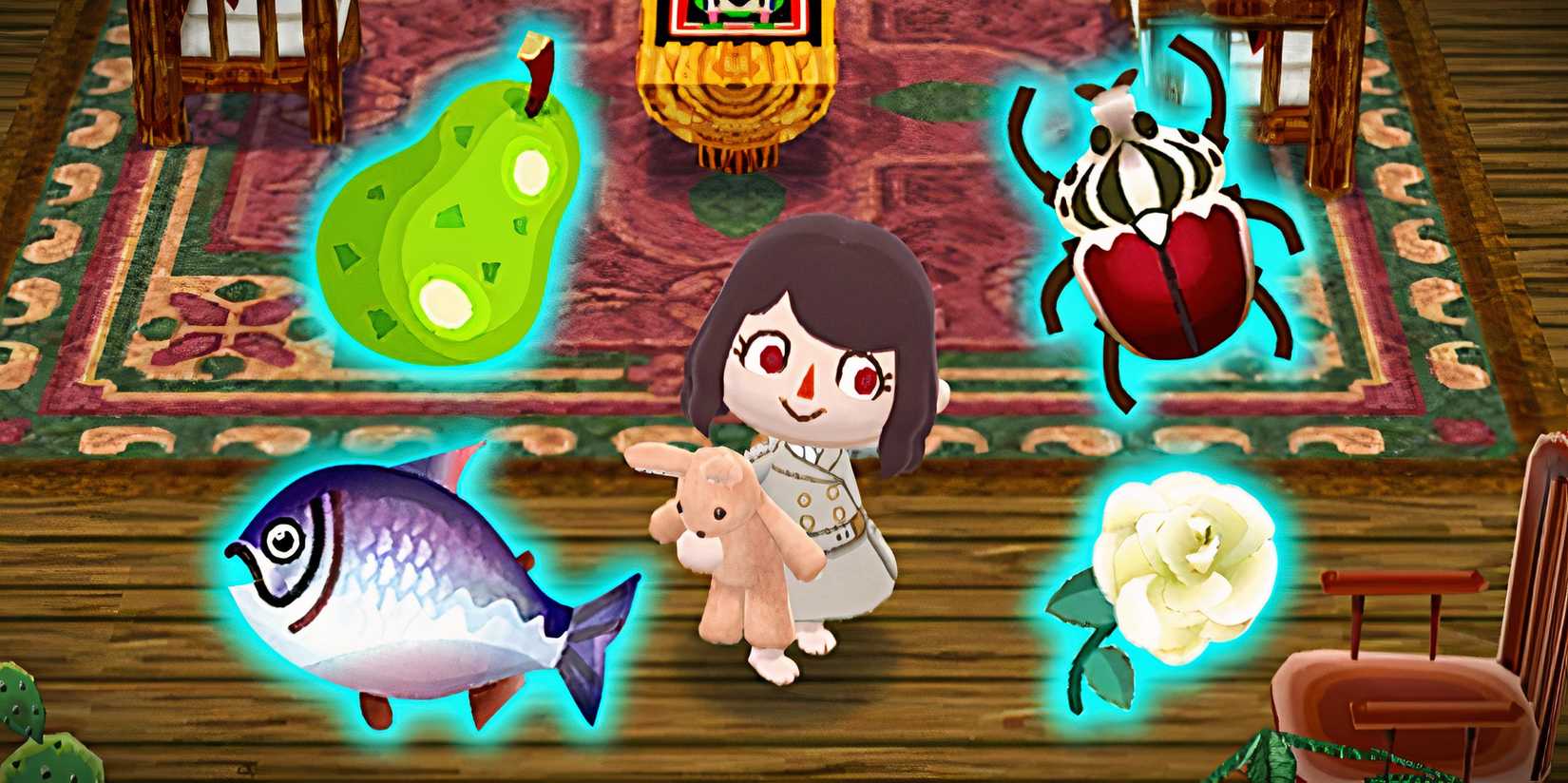 Animal Crossing Pocket Camp Complete Avatar In Cabin With Pear, King Salmon, Goliath Beetle and White Rose