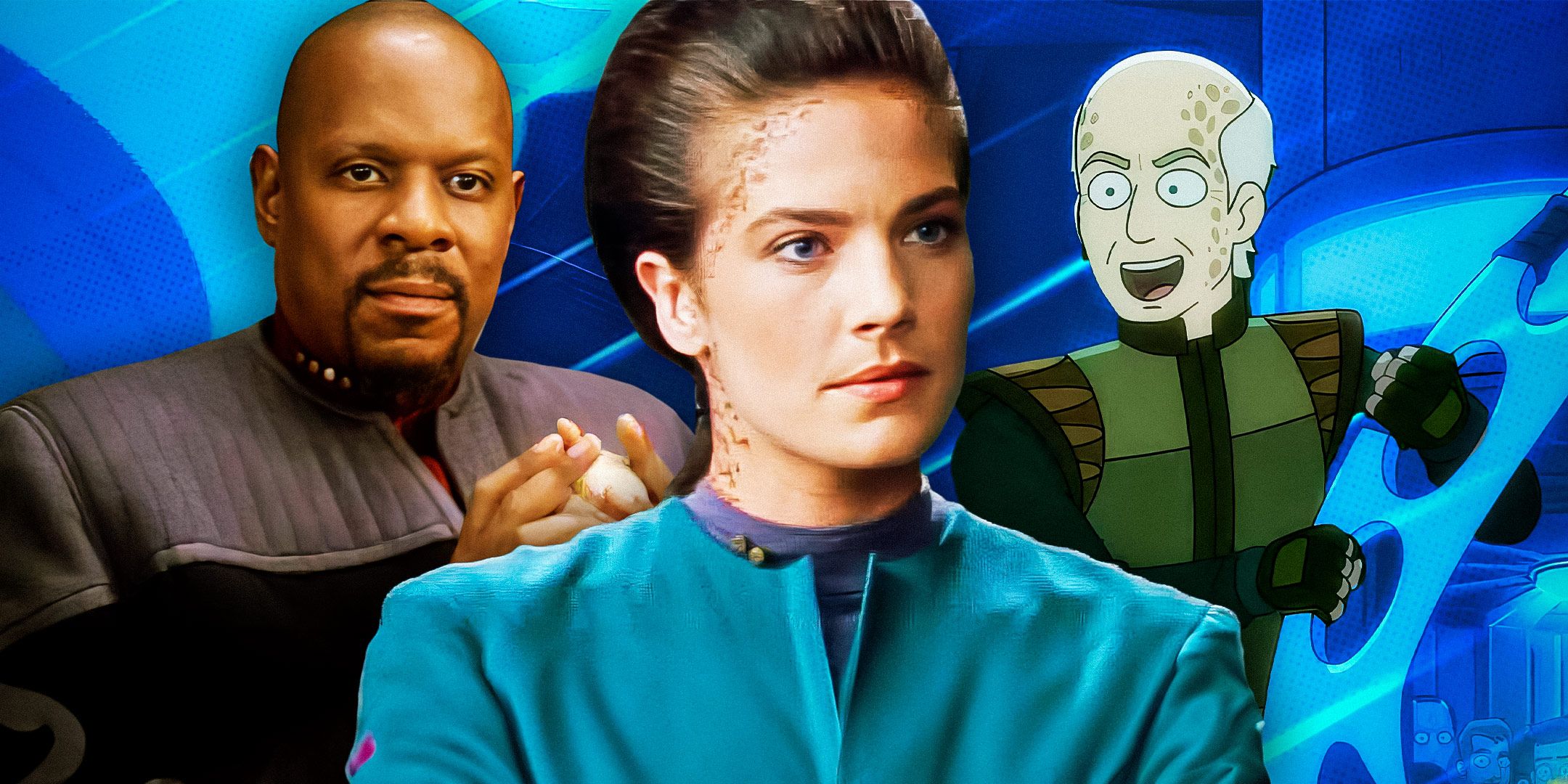 Animated-Curzon-Dax-from-Star-Trek-Lower-Decks;-Terry-Farrell-as-Jadzia-Dax-from-DS9,-Avery-Brooks-as-Captain-Sisko-from-DS9