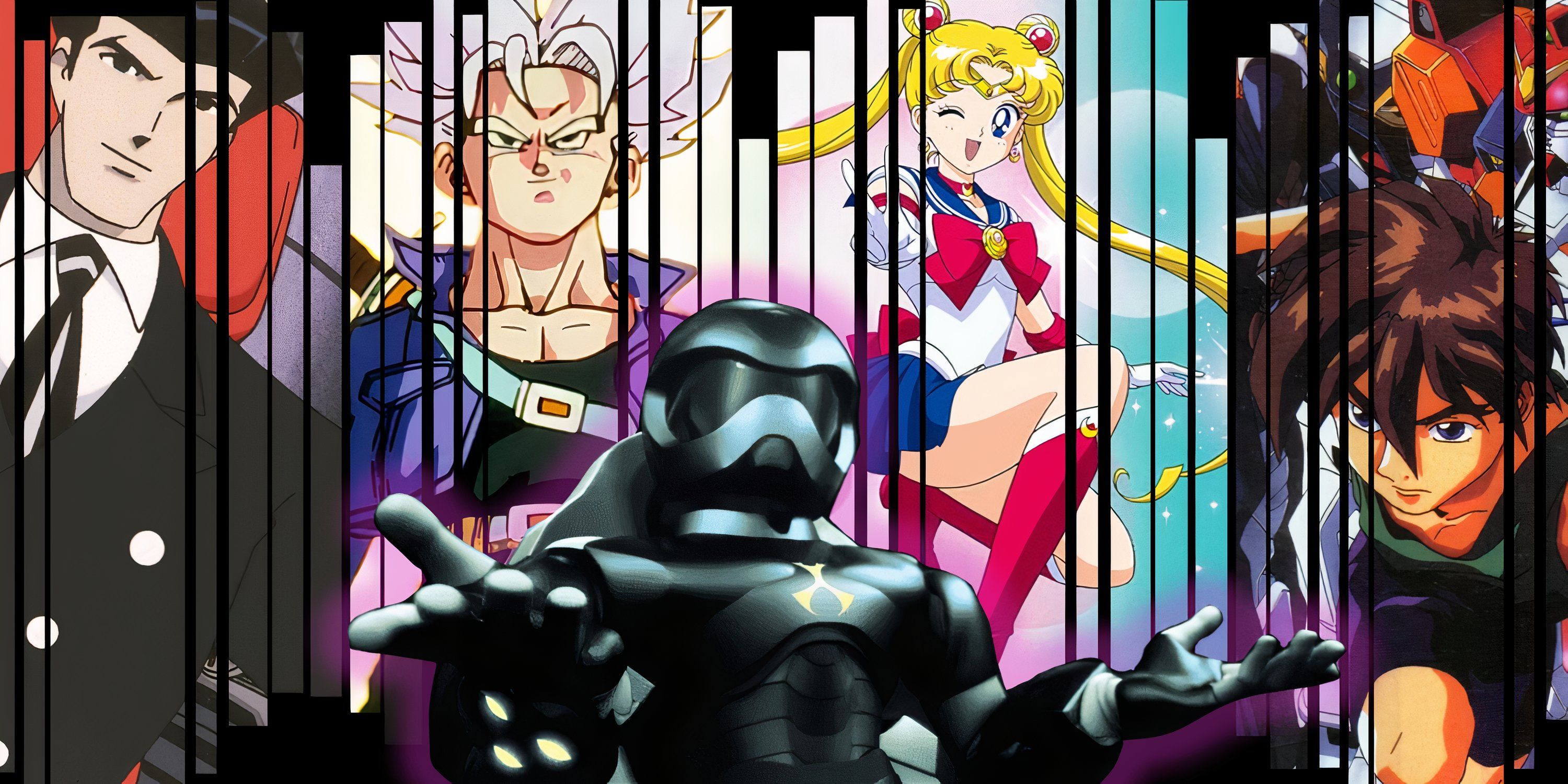 Toonami's Tom sits before a background of iconic anime characters.