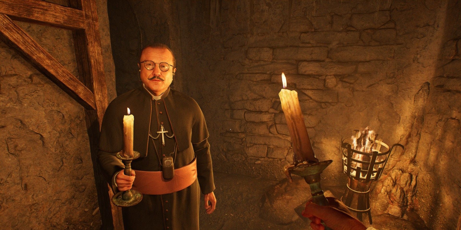 Antonio holding a candle in the ruins beneath the Vatican in Indiana Jones and the Great Circle.