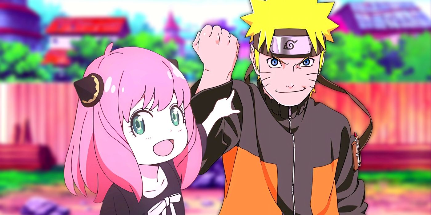 Anya pointing at Naruto while smiling. Behind them, the Leaf Village can be seen.