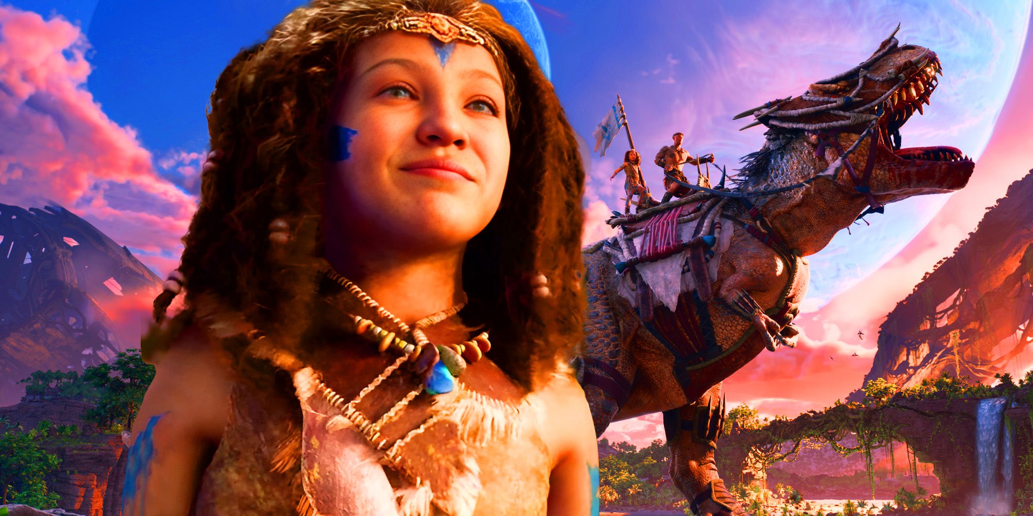 A girl in Neolithic fur and bead clothing, with two other characters riding an armored dinosaur in the background.
